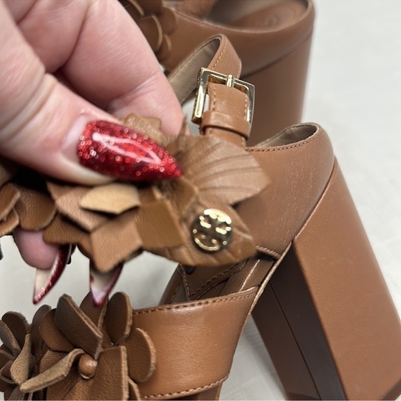 NWOB Tory Burch Women's Brown 65 mm Nappa Leather Blossom Heel Block Sandal 9.5 - Picture 9 of 16